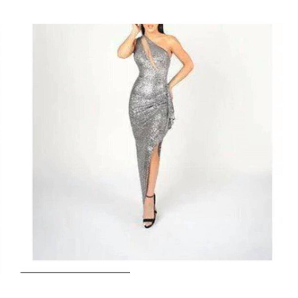 NEW NICOLE BAKTI one shoulder gown in gunmetal